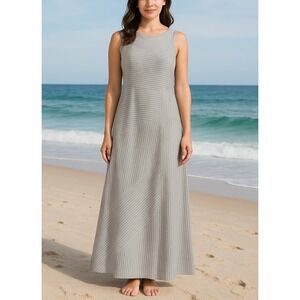 Striped Maxi Dress MEDIUM Gray White Stripe Sleeveless Beachy Casual Boho Modern
